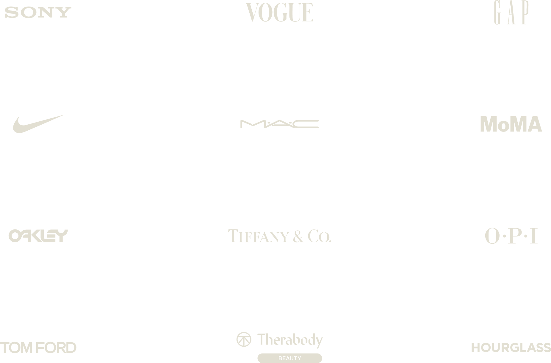 Client logos including Sony, Vogue, GAP, Nike, MAC, MoMA, Oakley, Tiffany & Co., OPI, Tom Ford, Therabody, and Hourglass